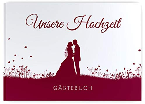 DeinWeddingshop Gästebuch Hochzeit Brautpaar, ohne Fragen blanko Hardcover hochwertig, Hochzeitsgästebuch Hochzeitsbuch Fotobuch, Leaf Couple (weinrot)