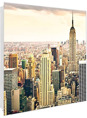 banjado® Großer Schlüsselkasten Glas/Schlüsselbox 30cm x 30cm mit 50 Haken - Motiv New York City/Schlüsselkasten modern für Schlüsselaufbewahrung mit beschreibbarer, magnetischer Glastür