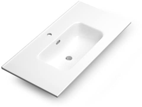 Lavabo Cerámico Baño Blanco | Pila Lavamanos Rectangular | Lavabo Integral 1 Seno Centrado 91.5 cm Ancho X 46.5cm Fondo | Rebosadero y Agujero de Grifo (90cm 1 Seno)