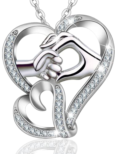 INFUSEU Kette Herz Mutter Tochter, Kette Mit Mutter Tochter Hand in Hand Anhänger Silber 925 Schmuck Mama Tochter Muttertagsgeschenk für Mama Frauen