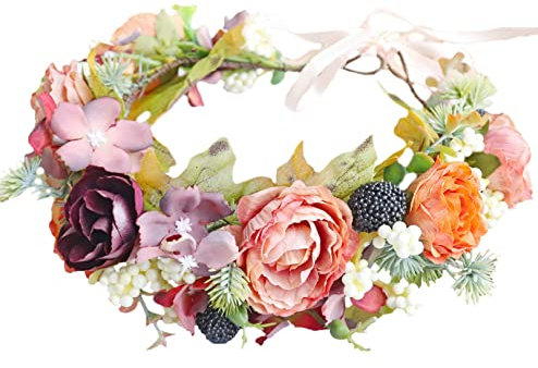 Brikuinr Blumenkranz, Krone, Blumengirlande, Stirnband, Haarkranz, Haargirlande, Blumen-Halo, floraler Kopfschmuck, Boho mit Band, Hochzeit, Party, Festival