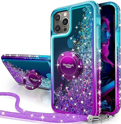 Silverback for iPhone 14 Pro Max Case, Moving Liquid Holographic Glitter Sparkle Case With Kickstand, Women Girls Bling Diamond Ring Shockproof Protective Cover for iPhone 14 Pro Max 6.7''- Purple
