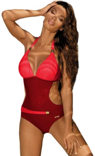 JFAN Femme Maillot De Bain 1 Pièce Col V Bloc De Couleur Elégant Tankini Contrôle du Ventre Amincissante Slim Grande Taille Svelte Siamois Bikini Bourgogne XL