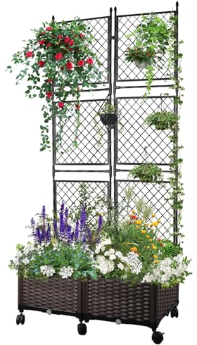 Kalolary Fioriera in Plastica con Traliccio in Metallo, Aiuola Rialzata con Ruote Fioriera Traliccio Supporto Piante Rampicanti Fioriera Rialzata Esterni Schermata per Privacy Giardino Patio Balcone