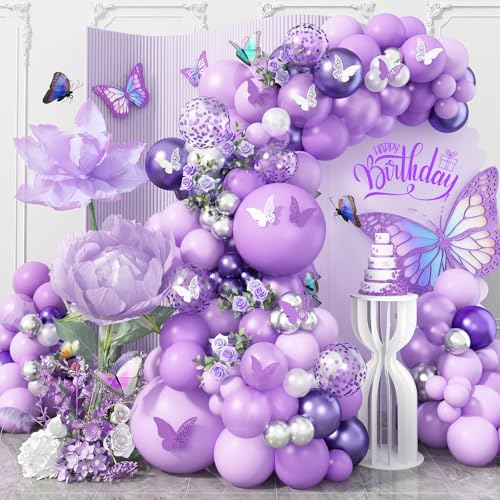Jobkoo Purple Balloon Arch Kit Butterfly Lavender Lilac Metallic Silver Purple White Latex Balloons Garland with Butterfly Stickers for Girls Birthday Baby Shower Wedding Butterflies Party Decorations