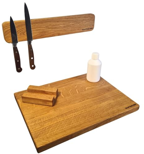 Wood Work NRW I Schneidebrett aus Eiche, Magnetische Messerleiste (für 6 Messer), Schneidebrett Halter & 250ml Pflegeöl I Hochwertige Küchenaccessoires für Profi- und Hobbyköche