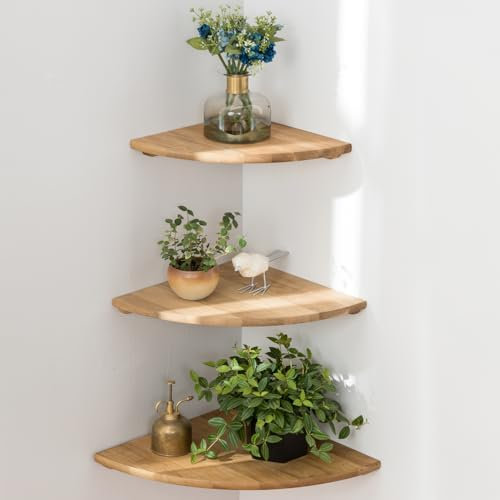 Eckregale, Schwebendes Eckregal, 3er-Set Massivholz Eichenholz Eckwandregale, Rundes Ende mit Drahtlochregal für kleine Pflanze für Schlafzimmer, Küche, Wohnzimmer (Größe 9/10/30.5 cm)