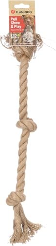 Flamingo Hundespielzeug Hanf Kush Zugseil mit 3 Knoten braun - 52x5,4x4,4cm - Beugt Zahnbelag vor - Massiert das Zahnfleisch - 100% natürlich