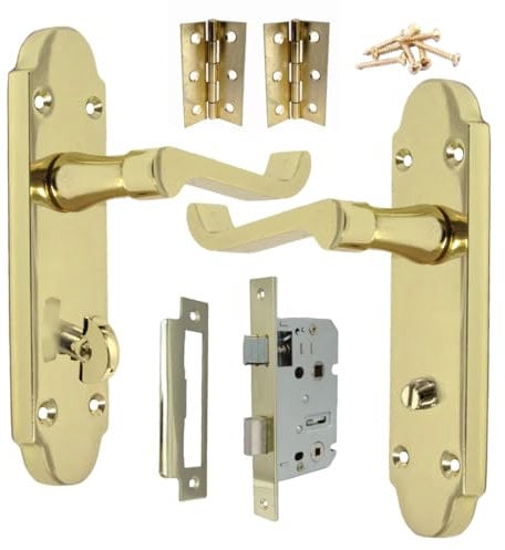 Betley Butterfly Victorian Scroll Epsom Bathroom Locking Door Handle - Bath Lock Pack Hinges Lever on Backplate Polished Brass Handles for Internal Wooden Doors