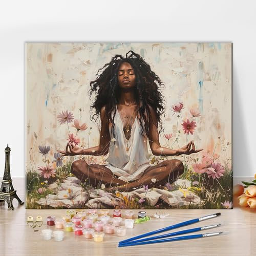 TISHIRON Yoga Frauen/Lady Farbe nach Zahl Kits für Erwachsene Anfänger Afrika Schwarze Frauen im Garten Acryl Digital Blumen Paintwork Nordics Home Decor Boho Präsent (ohne Rahmen, 40x50cm)