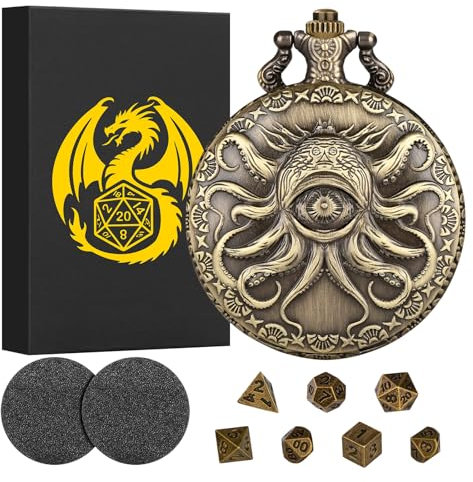Mini DND Würfel Set Steampunk Einäugiger Tintenfisch Taschenuhr Schale Hülle, 7-teilige Polyedrische Metall D&D Würfelset, DND Geschenke mit Geschenkbox, Rollenspiele-Brettspielzubehör Würfel, Bronze