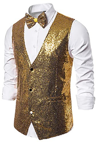 Herren Glitzer Weste Mit Fliege Set V-Ausschnitt Anzugweste Glänzende Pailletten Anzug Festlich Kostüm Reißverschluss Bomberjacke Goldene Herren Pailletten Weste Für Zauberer Glitzer Jacket