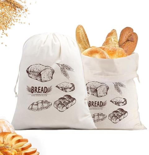 Guerity 2pcs Reusable Bread Bags To Keep Fresh, Cotton Linen Bread Storage Bags for Homemade Breads Storage Bag with Drawstring, 40cm*30cm (Style A)