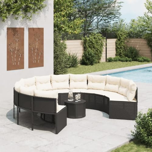 SDWEHO7 Gartensofa Poly Rattan Lounge Sofa Outdoor Sitzgruppe mit Tisch und Kissen, Gartenlounge Sitzgarnitur Gartenmöbel für Terrasse, Balkon, Rund Schwarz
