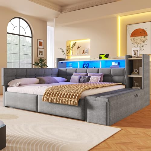 LinoraFurn Tagesbett, Daybett, Schlafsofa, 140 × 190 cm, mit Zwei Schubladen, USB- und Typ-C-Anschlüssen, Ablagefach, Stauraumbank am Fußende, LED-Lichtleiste, Ohne Matratze, Samt (Dunkelgrau NEW)