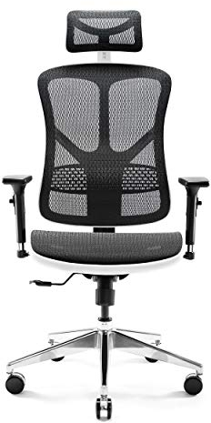 Diablo V-Basic Bürostuhl Ergonomisch Schreibtischstuhl Drehstuhl mit integrierter Lendenwirbelstütze 3D Armlehnen Verstellbare Kopfstütze Wippfunktion Höhenverstellbar (weiß/schwarz)
