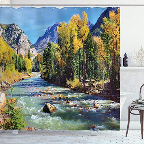 ABAKUHAUS Landschaft Duschvorhang, Berge von Colorado, Stoffliches Gewebe Badezimmerdekorationsset mit Haken, 175 x 180 cm, Gelb Blau Grün