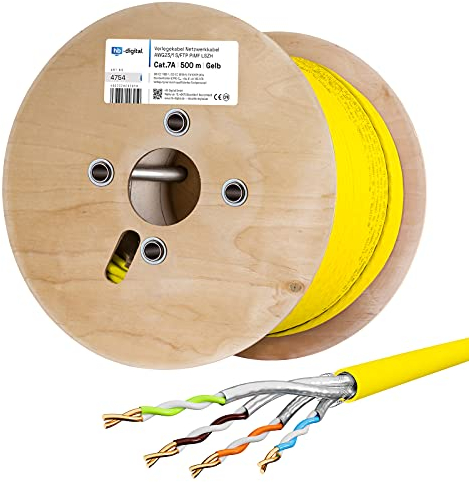 HB-DIGITAL 500m CAT.7a Netzwerkkabel LAN Kabel Verlegekabel AWG 23 Reines Kupfer S/FTP PiMF LSZH Halogenfrei RoHS-Compliant Ethernet Installationskabel Datenkabel PoE 10Gbit/s max. 1200MHz Gelb