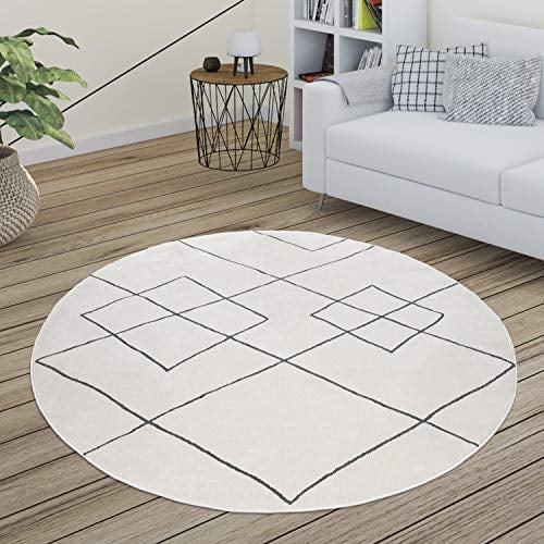 Paco Home Teppich Wohnzimmer Skandi Rauten Muster Modern Weiß Verschiedene Designs Größen, Grösse:120 cm Rund, Farbe:Weiß
