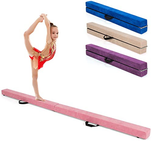 COSTWAY Trave Ginnastica Artistica per Casa 210/240/270 cm, Trave Pieghevole per Bambini con Maniglia, Base in Legno e Fondo Antiscivolo, Trave di Equilibrio da Pavimento (Rosa, 210 cm)