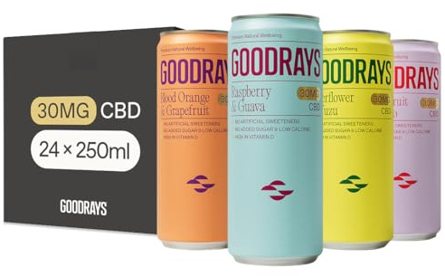 GOODRAYS 4 Flavour Mixed Pack Sparkling CBD Drink, 24 x 250ml Cans | Functional Fizzy Drinks, 30mg Sun-Grown CBD, 100% Natural Ingredients, No Added Sugar, Low Calorie, Vegan, High in Vitamin D