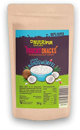 Kokosnuss Gefriergetrocknet: 50g Gefriergetrocknete Früchte – Vegane Süßigkeiten Kokos Würfel gezuckert – getrocknete Früchte natürlich von NutriPur
