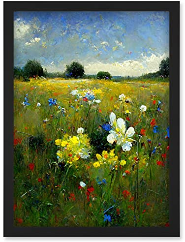 Doppelganger33 LTD Wildflower Summer Meadow Floral Landscape Oil Artwork Framed Wall Art Print A4