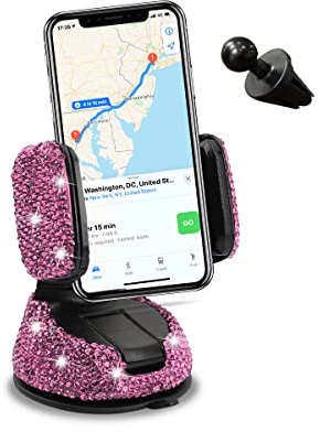 CGEAMDY Universal Bling Car Cell Phone Holder, 360°Adjustable Rhinestone Phone Mount with One More Air Vent Base, Crystal Car Interior Decoration, for Windshield, Dashboard and Air Vent (Pink)