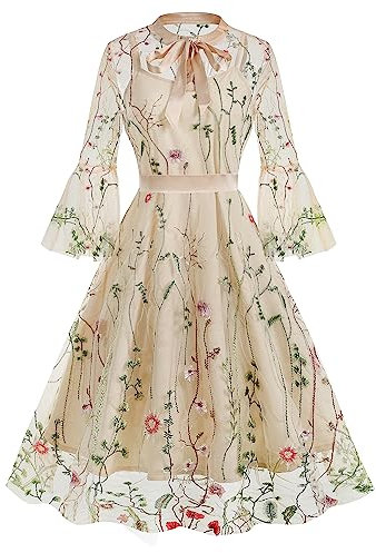 Damenkleid aus Netzstoff, Blumenstickerei, Vintage, Cocktailkleid, Swingkleid, Illusion, 50er-Jahre, Gothic, ausgestellt, A-Linie, lässig, Hochzeit, Abschlussball, Abendkleid, aprikose, Groß