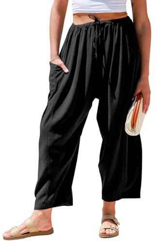 TARSE Damenhose aus Leinen, weites Bein, lässig, lockerer Kordelzug, Sommer, Strand, Reisen, Urlaub, Palazzo, Haremshose mit Taschen, Schwarz, Groß
