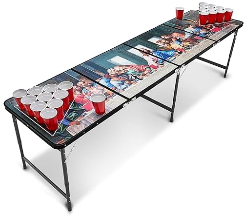 RedCupShop® Beer Pong Tisch „Abendmahl“ inkl. 50 Bechern & 8 Bällen | Klappbarer & tragbarer Bierpongtisch | Turniergröße 240x60x70 cm | Wasserabweisend & Kratzfest | Perfekt für Partys & Trinkspiele