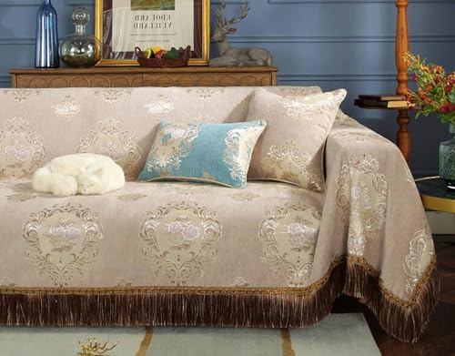 Mesnt Sofabezug Recamiere, Kaffee Sofaüberwurf Decke Couch mit Blumenmuster mit Quaste aus Chenille, 185x330cm