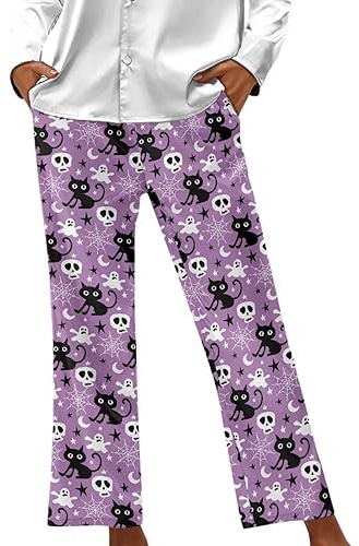 Renewold Loungehose Damen Pyjamahose weites Bein Yogahose PJ Pants für Halloween Weihnachten Alltag, Halloween-Katze, Violett, 48
