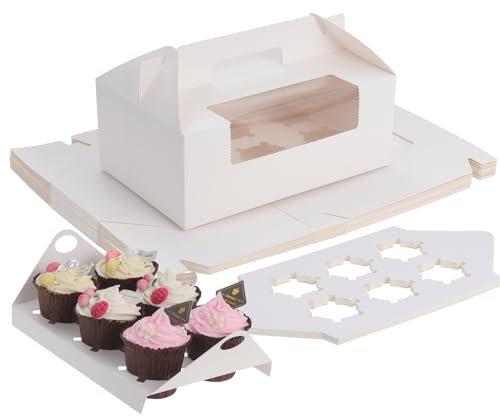 Coolty 20 Stück Cupcake Boxen 6 Löcher Karton Verpackung Boxen Bäckerei Gebäck Boxen mit Griff für Cookies Muffins Cupcakes Desserts Torten (Weiß)