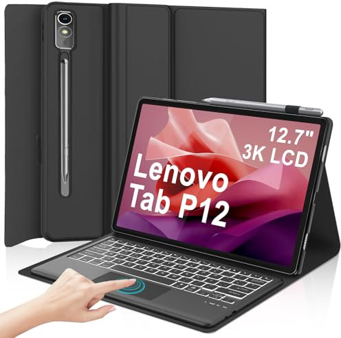 IVEOPPE Lenovo Tab P12 12.7 Teclado con Touchpad - Funda Teclado Trackpad Español Retroiluminado Bluetooth Magnético Desmontable para Tablet Lenovo Tab P12 2023 12.7 Pulgadas TB370FU, Negro