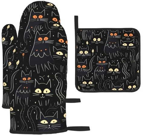 Black Cats Printed Oven Mitts And Pot Holders Sets Oven Mitts Heat Resistant Oven Gloves For Cooking Baking Kitchen BBQ