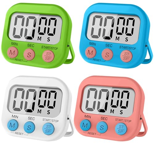 ZUOQIANG 4 Pièces Minuteur de Cuisine avec 4 Couleurs, Chronometre Minuteur Magnétique, Chronometre avec Grand Écran LCD, Timer Enfant pour Cuisine, étudier,Gymnase