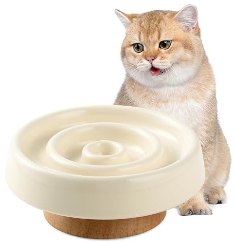Cat Slow Feeder Bowl Ceramic, Raised Cat Bowls with Wooden Stand, Elevated Cat Food Bowl for Wet Food and Dry Food, Healthy Eating, Dog Slow Feeder Bowl Eating Interactive for Kitten Puppy (Beige)