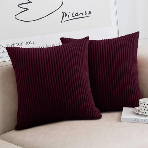 Moonlight Bedding Corduroy Cushions with Covers included Red Pack of 2 (2 covers, 2 inserts) 45 x 45 cm Decorative Stripe Throw Pillow Cases with Invisible Zipper for Living Room Bed Sofa