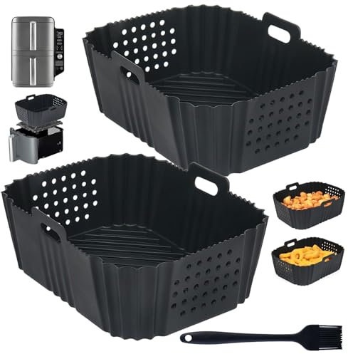 2PCS Air Fryer Liners for Ninja Double Stack XL 9.5L Air Fryer SL400UK, Reusable Airfryer Trays,Silicone Baking Tray Airfryer Liners for Ninja AF400UK, AF451UK, AF300UK, Tower T17088