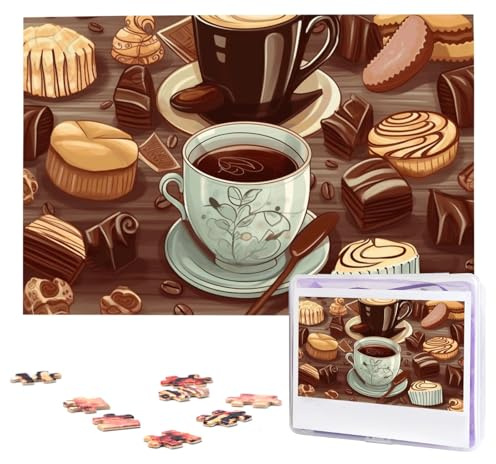 Kaffee- und Süßigkeiten-Puzzle, 1000 Teile, personalisiertes Puzzle, Foto-Puzzle für Erwachsene, anspruchsvolles Bilderpuzzle mit Aufbewahrungstasche, Puzzles für Männer und Frauen, Heimdekoration