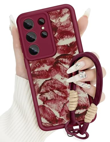 Handykette Handyhülle für Samsung Galaxy S26 Ultra Hülle mit Band Kordel zum Umhängen,Silikon Schutzhülle mit Aesthetic Kussmund Muster für Samsung S26 Ultra, Weinrot