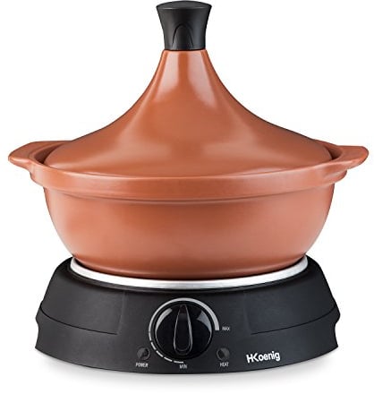 H.Koenig TAJ3 Elektrische Tajine 3 L aus Terrakotta, Schmortopf, Griff, Edelstahl, Tajines und Couscous, Regulierbarer Thermostat