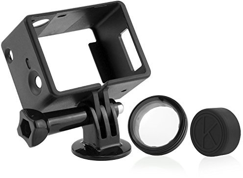 CamKix Fissaggio per telaio per GoPro – Compatibile con GoPro Hero 3/3+/4 – USB, HDMI, e SD portamonete a scomparsa accessible – leggera e compatta per casa e per fotocamera di azione – con 1 Vite a Farfalla Lunga/1 fissaggio per treppiede/1 elastico e copriobiettivo/1 filtro UV con Pellicola di protezione