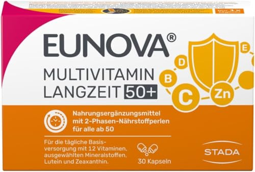 EUNOVA Langzeit 50+: Multivitamin Tabletten mit Lutein & Zink, 120 Kapseln | Speziell für Menschen ab 50 Jahren, Langzeitperlen-Technologie, Alle 13 Vitamine, Glutenfrei, Laktosefrei, 1 Kapsel täglich