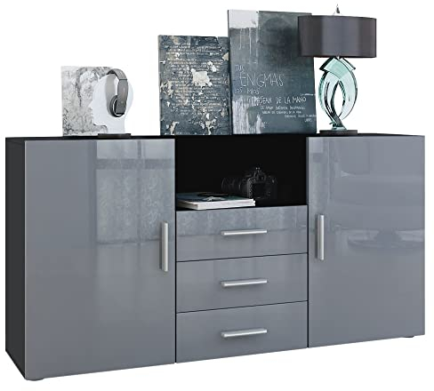 Vladon Sideboard Skadu, Kommode mit 2 Türen, 3 Schubladen und 1 offenem Fach, Schwarz matt/Grau Hochglanz (138,5 x 71,5 x 35 cm)