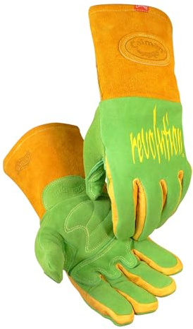 Caiman Premium Wasabi Green Split Deerskin MIG/Stick Welding Gloves, Flame Resistant Foam/Fleece Insulation, Pulse Protector, Green/Gold, Large (1816-5)