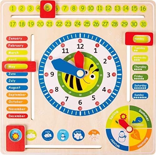 small foot Lerntafel Datum, Uhr-& Jahreszeiten in Englisch aus Holz, mit Zeigern und Kästchen, ab 3 Jahren, 4768