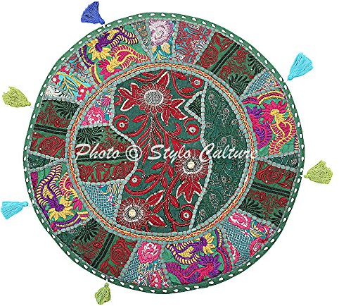 Stylo Culture Indisch Bodenkissenbezug Bodensitzkissen Boho 55x55 cm Dekorativ Rund Vintage Dunkelgrün Bohemien Patchwork Wohnzimmer Baumwolle Bestickt Bodenkissen Kinder Rund