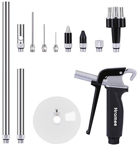 Hromee Kit de 12 pistolas de aire de alto flujo con boquilla de flujo seguro y silencioso, punta de goma, tubo de extensión de 6/12 pulgadas, protector de virutas y agujas, pistola de plumero de aire